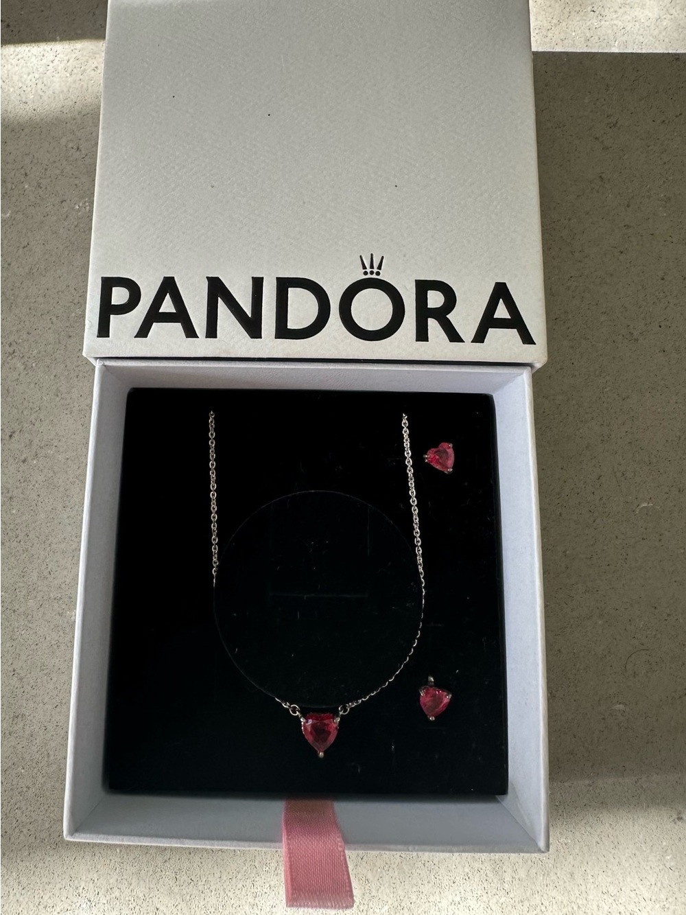 Pandora Silver Necklace and Stud Earrings with Pink Heart Stones